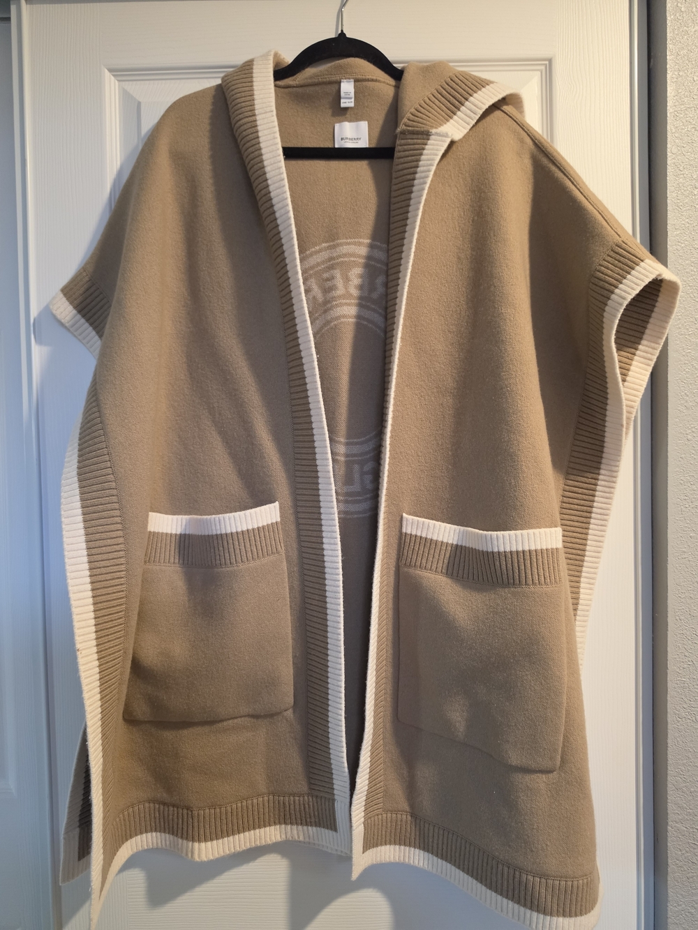 Burberry Beige Hooded Knitted Poncho with Cream Trim